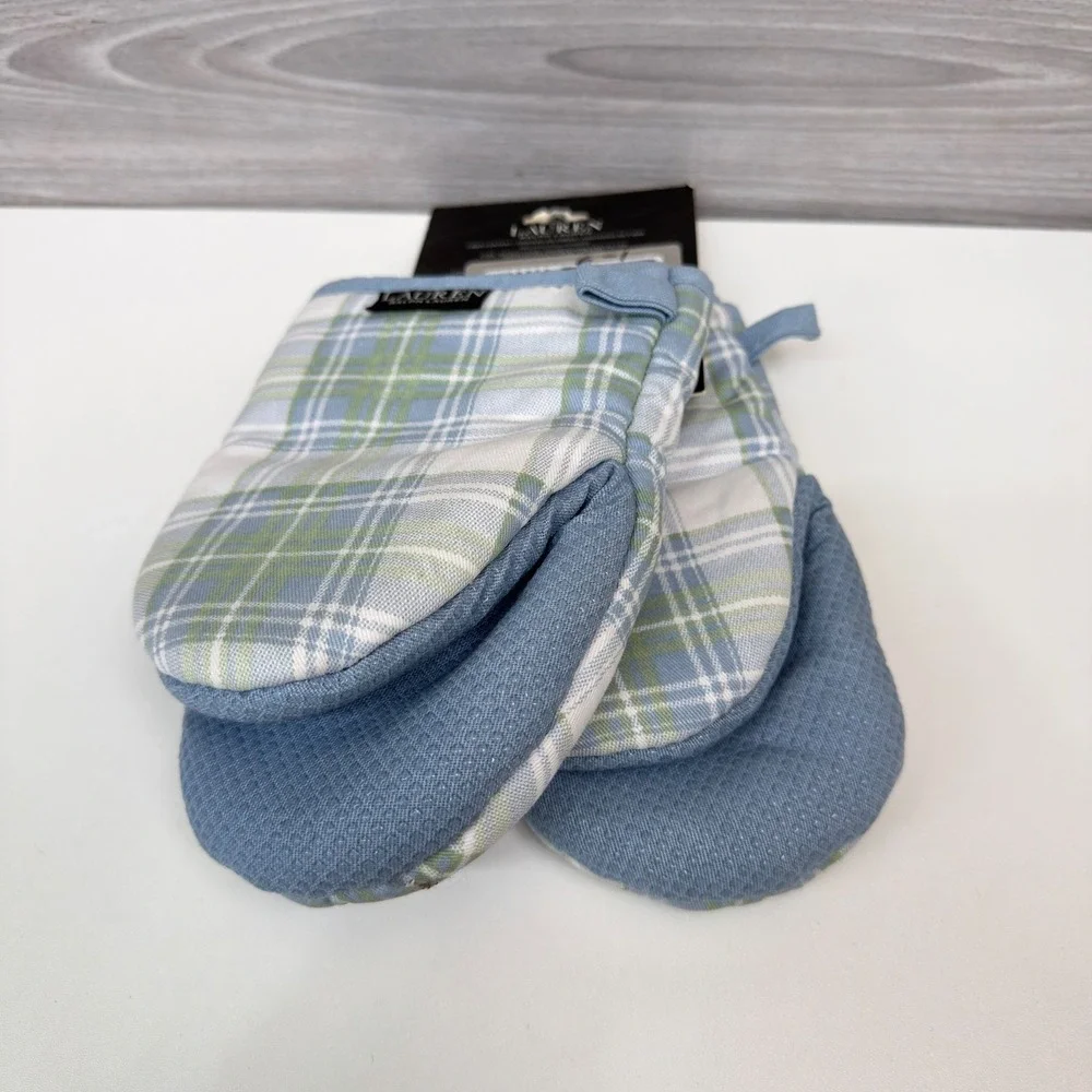 Lauren Ralph Lauren Set of 2 Mini Oven Mitts Blue Green White Plaid 5.5 x 8 IN
